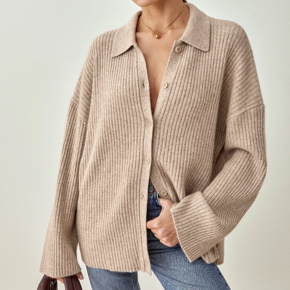 Reformation womens Fantino cashmere knit cardigan in Oatmeal size S